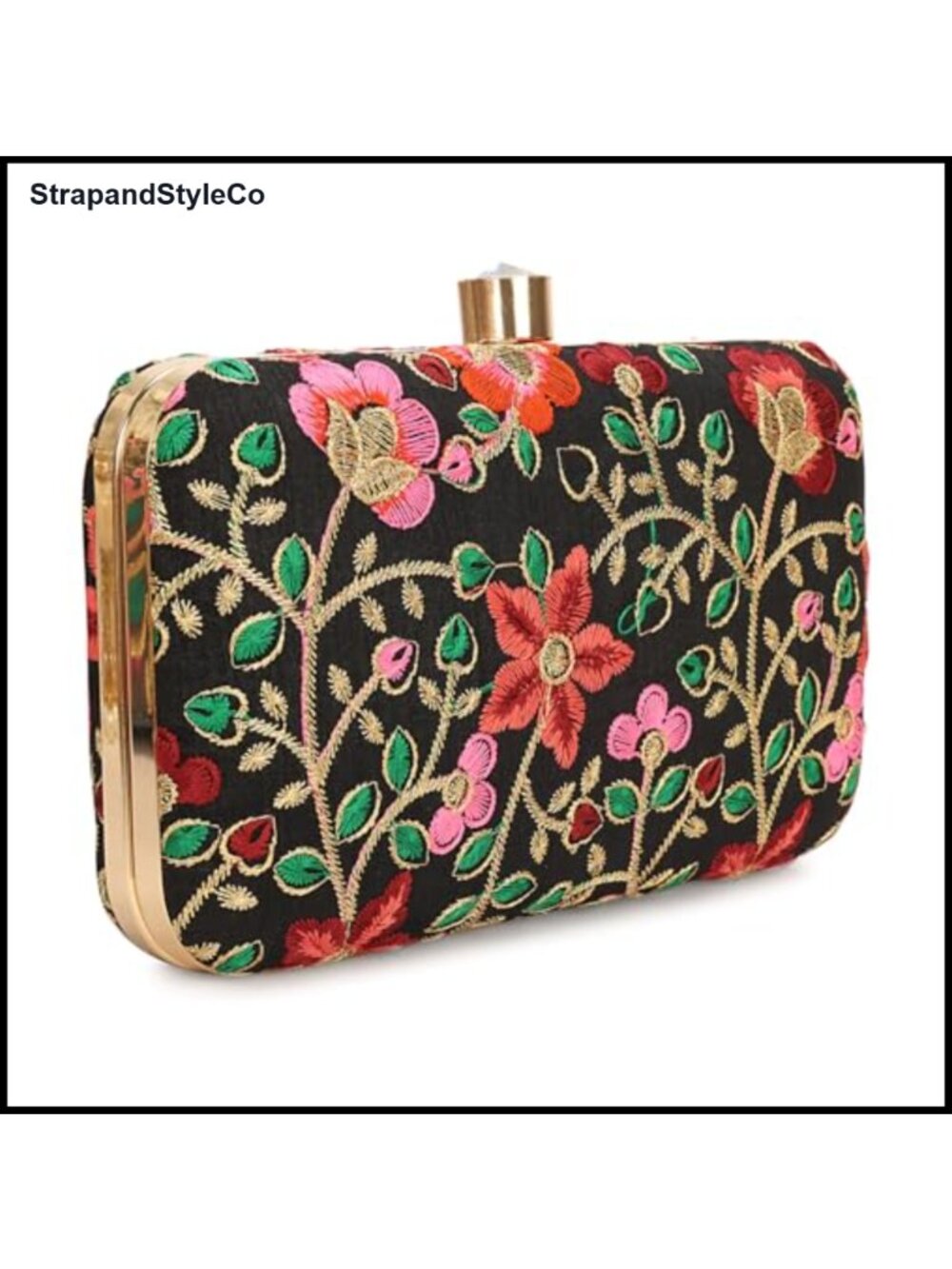 Zari Embroidery Floral Hand Crafted Box Clutch Gold Chain Strap Evening Bag